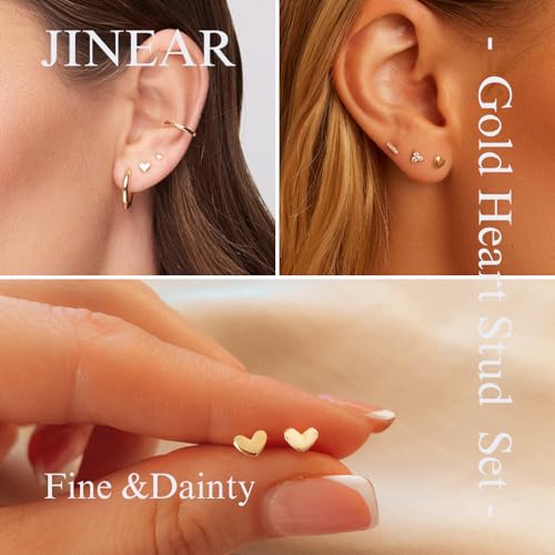 JINERA 5 Pairs Stud Earrings for Women 14K Plated Gold/Silver Pearl Ball Small Stud Earrings Set Cartilage Piercing Hypoallergenic Lightweight Flatback Earrings Jewelry Gifts for Women - color: 5 Pairs Heart Stud Earrings - Gold