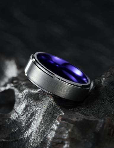 King Will Mens Brushed Wedding Band, Two Tone Matte Step Edges/Pipe Cut, Tungsten Carbide Anniversary Promise Rings Comfort Fit - color: Silver&Purple-8mm