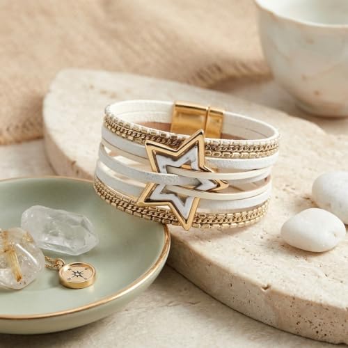 Leather Wrap Bracelets for Women Boho Layered Cuff Bracelets Bling Bohemian Jewelry - color: Gold White