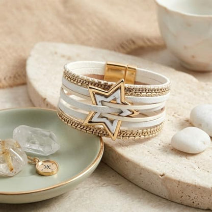 Leather Wrap Bracelets for Women Boho Layered Cuff Bracelets Bling Bohemian Jewelry - color: Gold White