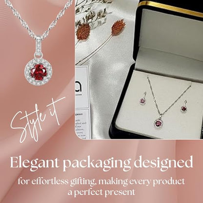925 Sterling Silver Wedding Jewelry Set for Women - Sapphire Tone Gemstone Pendant Necklace and Stud Earrings with Cubic Zirconia Halo Design - Premium Rhodium Plated Finish - color: Red
