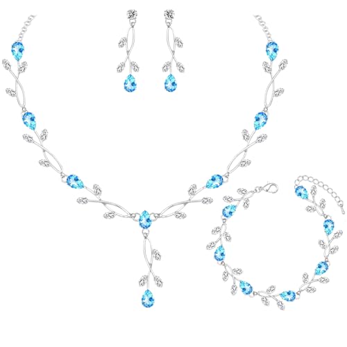 CSY Elegant Bridal Jewelry Sets Clear Cubic Zirconia Wedding Necklace Earrings Bracelet Set for Birdes Bridesmaids CZ Prom Jewelry - color: Sky Blue-Necklace Earrings Bracelet