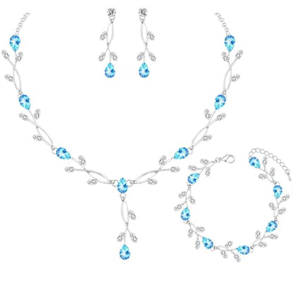 CSY Elegant Bridal Jewelry Sets Clear Cubic Zirconia Wedding Necklace Earrings Bracelet Set for Birdes Bridesmaids CZ Prom Jewelry - color: Sky Blue-Necklace Earrings Bracelet