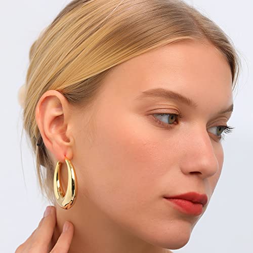 PABBEU Chunky Silver Hoops Earrings for Women Hypoallergenic | Lightweight 925 Sterling Silver Oval Hoop Earring, Sterling Silver Thick Hoop Earrings for Women Gift 25/28/30/38/40mm - color: 40mm Gold