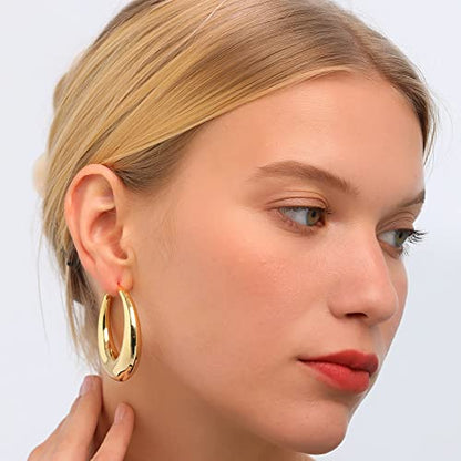 PABBEU Chunky Silver Hoops Earrings for Women Hypoallergenic | Lightweight 925 Sterling Silver Oval Hoop Earring, Sterling Silver Thick Hoop Earrings for Women Gift 25/28/30/38/40mm - color: 40mm Gold