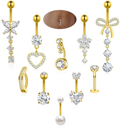 BSJ4U 10 Pcs Gold Plated Silver Belly Button Ring Dangle Hypoallergenic Surgical Stainless Steel Belly Rings for Women CZ Floating Clicker Heart Pearl Bow Flower Butterfly Navel Piercing Jewelry Dangly Navel Ring - color: Gold Plated Belly Button Ring