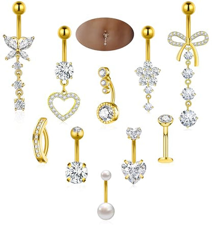 BSJ4U 10 Pcs Gold Plated Silver Belly Button Ring Dangle Hypoallergenic Surgical Stainless Steel Belly Rings for Women CZ Floating Clicker Heart Pearl Bow Flower Butterfly Navel Piercing Jewelry Dangly Navel Ring - color: Gold Plated Belly Button Ring