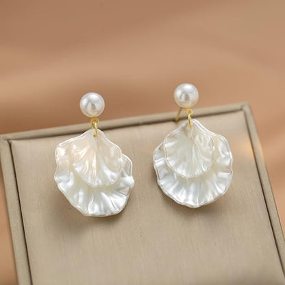 Long Pearl Earrings for Women 925 Sterling Silver Dangle Earrings | Hypoallergenic Dainty Dangle Drop Earrings, Elegant Pearl Jewelry for Bridal, Mother's Day Anniversary Birthday Jewelry Gift - color: Seashell Earrings