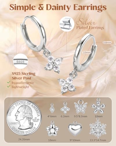 FIBO STEEL 14K Gold Plated Hoop Earrings with Charms for Women Huggie Hoops | Hypoallergenic 925 Sterling Silver Post Dangle Earrings Small Silver Gold Hoops Earring Cubic Zirconia Dangle Drop Jewelry - color: Clover - Silver Plated