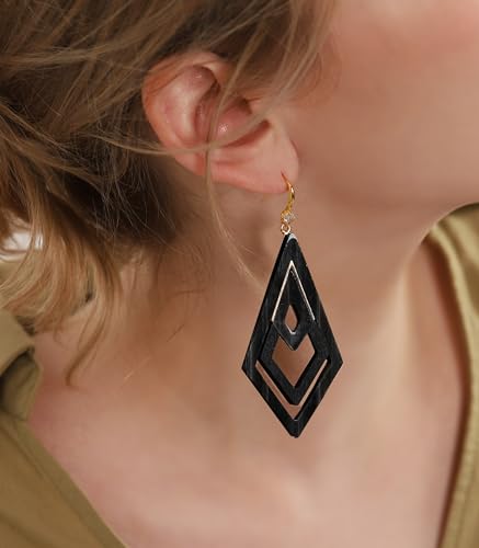 Ozel - Natural Wooden Acrylic Boho Drop Dangle Earrings for Women - Geometric Statement Jewellery - Brown, Black, Magent Red, Olive Green, White beige - color: Diamond_Black