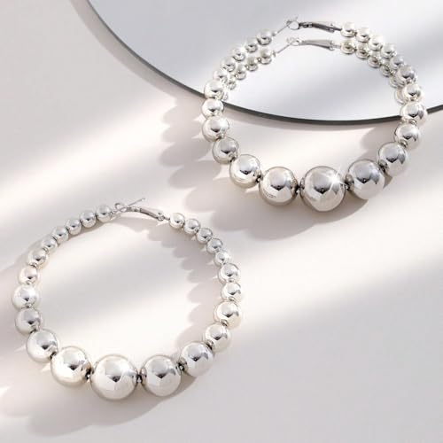 Gold Extra Large Hoop Earrings for Women,Round Metal Ball Beaded Dangle Earrings,Geometric Big Hoops Hanging Earrings Boho Vocation Everyday Jewelry - color: Silver