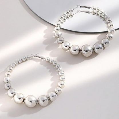 Gold Extra Large Hoop Earrings for Women,Round Metal Ball Beaded Dangle Earrings,Geometric Big Hoops Hanging Earrings Boho Vocation Everyday Jewelry - color: Silver
