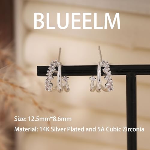 Gold Earrings for Women, Dainty Triple Huggie Earrings 14K Gold Plated Small Hoop Earrings for Women Trendy Cute Hypoallergenic Stud Earrings Unique Double Hoops Waterproof Womens Jewelry Gifts - color: silver plated-E