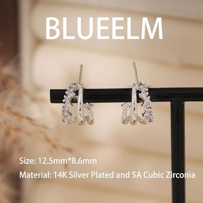Gold Earrings for Women, Dainty Triple Huggie Earrings 14K Gold Plated Small Hoop Earrings for Women Trendy Cute Hypoallergenic Stud Earrings Unique Double Hoops Waterproof Womens Jewelry Gifts - color: silver plated-E