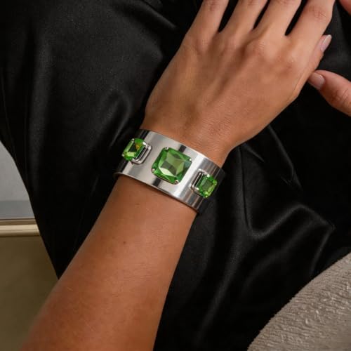 Punk Square Crystal Open Bracelet for Women Fashion Wide Cuff Bangle Bracelets Shiny Rhinestone Rectangle Charm Bangle Geometric Statement Jewelry Gifts - color: Green