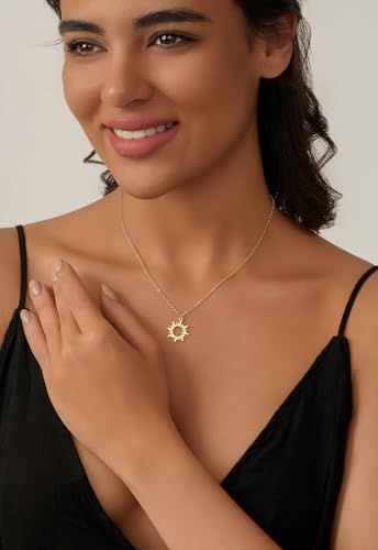 Dainty Gold Necklace: 14k Gold Plated Dianty Boots Bow Sun Moon Horse Evil Eye Conch Seahorse Necklace for Women 16.5"+2" - color: Sun