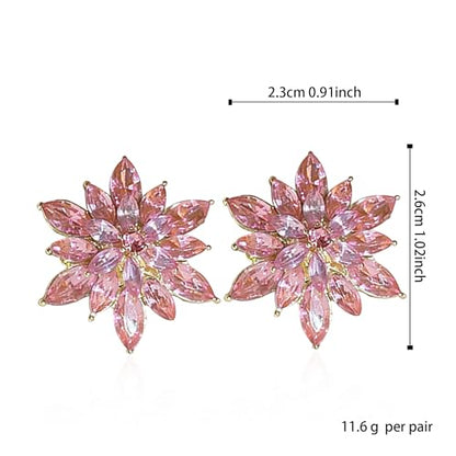 Crystal Flower Burst Stud Earrings Large Big Sparkly CZ Cubic Rhinestone Floral Cluster Flower Stud Earrings Bridal Wedding Party - color: Pink