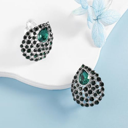 SELOVO Rhinestone Teardrop Big Stud Earrings Clip On Earrings - color: Green