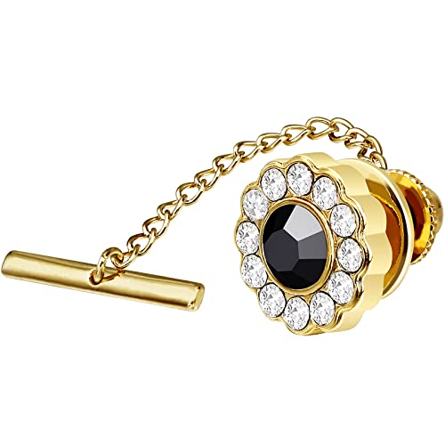 AMITER Crystal/Pearl Tie Tack with Chain, Gold Mens Tie Pin Necktie Pins Lapel Pin for Wedding Birthday Anniversary Party - color: 24k Gold+Black Crystal