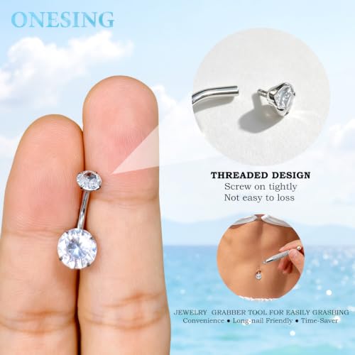 ONESING 14G Belly Button Rings Hypoallergenic Surgical Stainless Steel Belly Rings for Women Round Heart Teardrop Cubic Zirconia 12MM Navel Piercing Jewelry Barbell Studs with Tools - color: Silver-14G