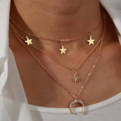 3 Layer Star Moon Pendant Necklace for Women, Gold Layered Crescent Moon Choker, Dainty Y2K Stackable Jewelry