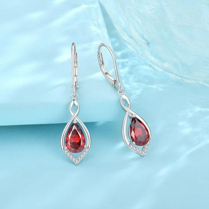 Infinity Teardrop Earrings 925 Sterling Silver Dangle Drop Leverback Earrings Birthstone Jewelry for Women - color: Deep Red