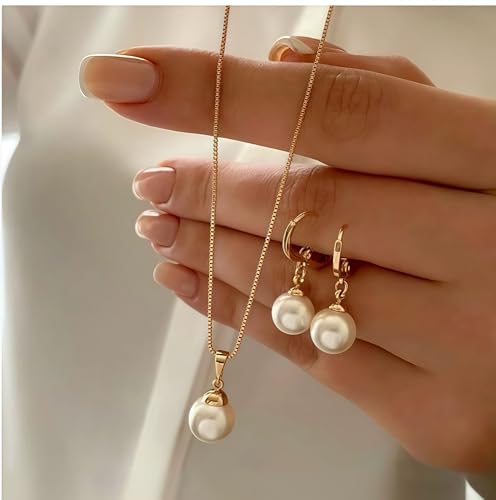 Faux Pearl Earring Necklace Set for Women Girlfriend Imitation Pearl Gold Drop Dangle Earrings Adjustable Pendant Choker Chain for Bridesmaid Bride Wedding Ornament Bridal Birthday Gifts 2Sets