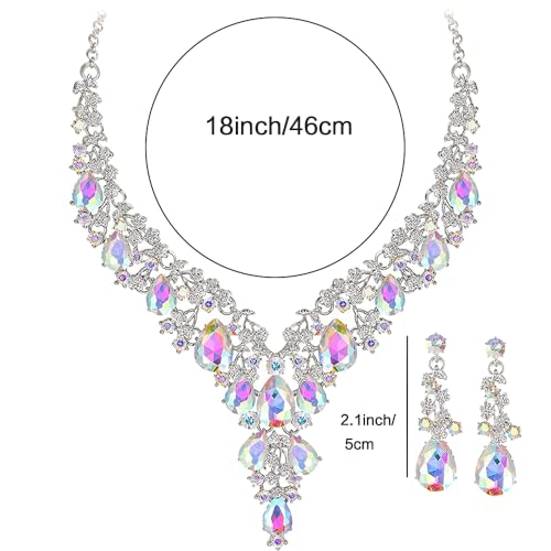 Bridal Bridesmaid Austrian Crystal Jewelry Set, Floarl rhinestone Statement Neckace Teardrop Necklace Drop Dangle Earrings Set - color: White AB Color-Silver Tone