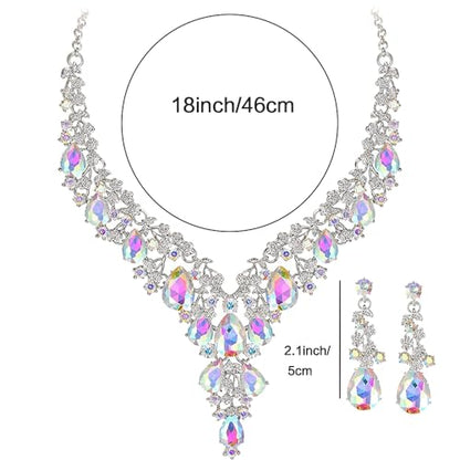 Bridal Bridesmaid Austrian Crystal Jewelry Set, Floarl rhinestone Statement Neckace Teardrop Necklace Drop Dangle Earrings Set - color: White AB Color-Silver Tone