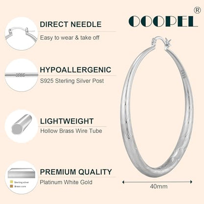 OOOPEL 925 Sterling Silver Hoop for Women Gold Hoop Earrings Hypoallergenic Diamond-Cut Ripples Designed - Non Tarnish Large Hoop Earrings(30/40/50/60/70mm) - color: Silver-40mm