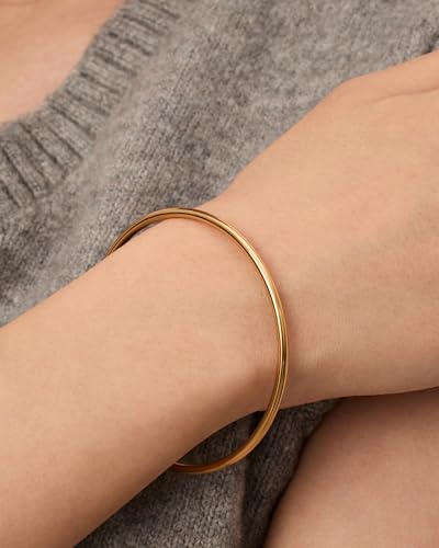 PAVOI Waterproof Bangle Bracelet for Women | 14K Gold Plated Classic Lightweight Stacking Stainless Steel Bracelet | Single & 2-Pack Bangles - color: White Gold, size: Small/Medium, style: 2-Pack Bracelets