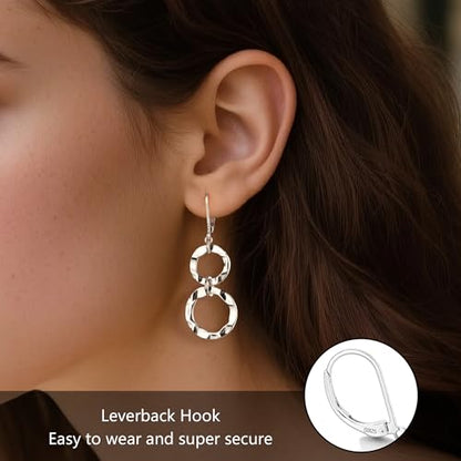ALEXCRAFT Gold Hammered Double Circle Leverback Dangle Earrings | Hypoallergenic, Drop Handmade, Hammered Round, Minimalist Boho - color: Hammered-Silver