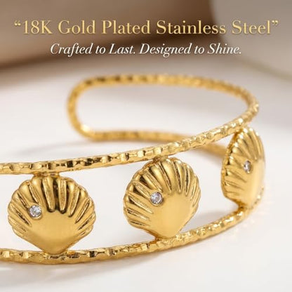 Starfish Open Cuff Bracelet for Women – 18K Gold Plated Stainless Steel, Adjustable Ocean-Inspired Arm Cuff, Waterproof, Hypoallergenic Beach Jewelry Gift - color: 3 Seashell