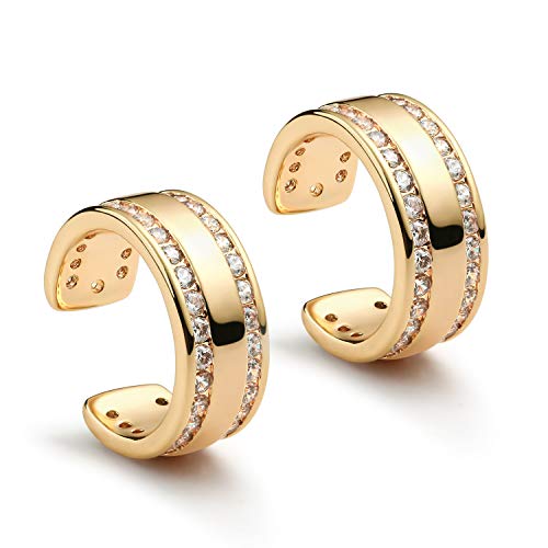 Women Ear Cuff Earring Gold Non Pierced Ear Cartilage Clip on Wrap Hoop 14K Gold Filled Tiny Boho Beach Simple Minimalist Delicate Handmade Hypoallergenic Jewelry Gift-Sold as Single/Pair - style: Band 2 Row CZ /Pair