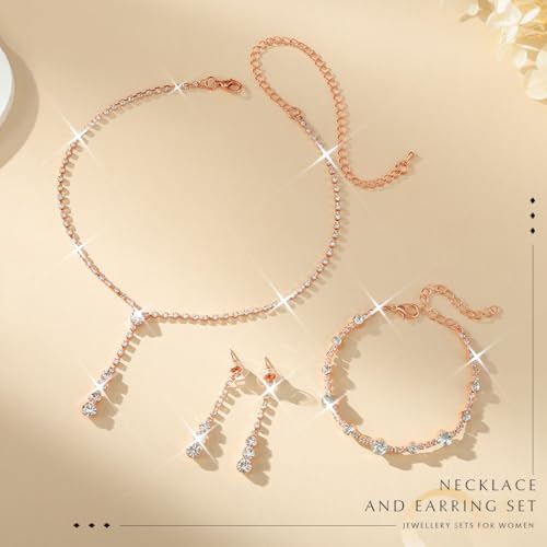Bride Silver Bridal Necklace Earrings Set Crystal Wedding Jewelry Set Rhinestone Choker Necklace for Women and Brides - color: E Rose Gold