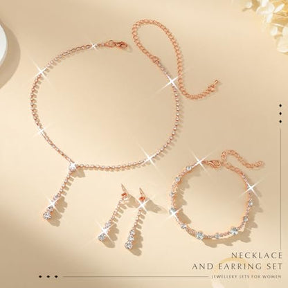 Bride Silver Bridal Necklace Earrings Set Crystal Wedding Jewelry Set Rhinestone Choker Necklace for Women and Brides - color: E Rose Gold