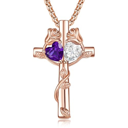 Rose Gold Cross Necklace with 2 Birthstones and Rose | Cross with Birthstone Necklace, Hypoallergenic, Adjustable Rolo Chain, Birthday Gifts, Catholic Christian Religious Jewelry - color: 02-04-Feb-Apr Birthstone