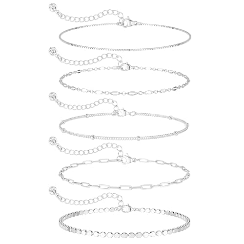 Dainty Ankle Bracelets for Women Waterproof | Layered Gold Plated Tennis Cuban Snake Rope Paperclip Beaded Link Chains Set, Summer Beach Jewelry Gift - color: Silver Anklet C
