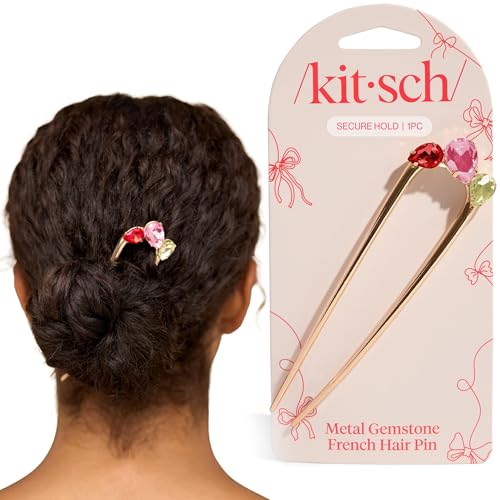 Kitsch Gemstone French Hair Pin for Women - Gold Hair Accessories, 1pc | Elegant & Durable Metal French Pin for Updos, Chignon, Buns & Twist Hairstyles | Comfortable Fit Hair Accessories For Women - color: Red, Pink & Green, size: 1 Count (Pack of 1)