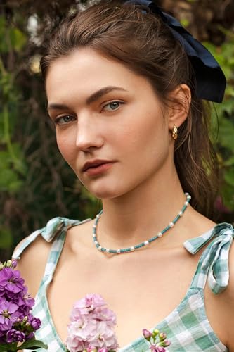 PEARLADA Turquoise Beaded Choker Necklace Chakra Stone Necklace Adjustable - color: Turquoise Beads 3mm