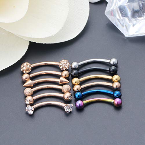 SCERRING 12PCS 16G 10mm Stainless Steel Eyebrow Tragus Helix Rook Daith Earrings Belly Lip Ring Clear Cubic Zirconia Barbell Body Piercing Jewelry - color: 12PCS - Rose Gold
