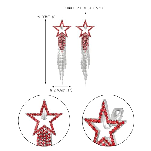 EVER FAITH Crystal Long Waterfall Star Tassel Clip-on Earrings for Women | Rhinestone Beaded Fringe Chandelier Dangle Statement Earring, Wedding Party Jewelry - color: Red Silver-Tone