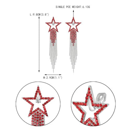 EVER FAITH Crystal Long Waterfall Star Tassel Clip-on Earrings for Women | Rhinestone Beaded Fringe Chandelier Dangle Statement Earring, Wedding Party Jewelry - color: Red Silver-Tone
