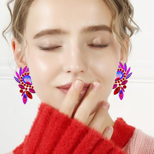 Bohemian Dainty Sparkly Crystal Teardrop Flower Dangle Drop Earrings Unique Lightweight Glitter Rhinestone Geometry Floral Stud Earrings For Women - style: Rose Red