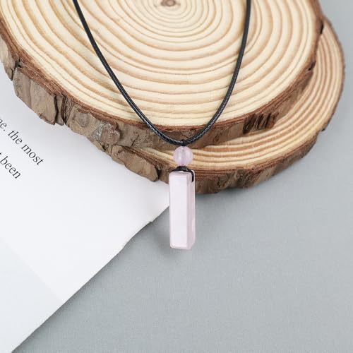 weryerker Natural Gemstone Pendant Necklace for Men, Healing Crystal Pendant, Cuboid Amulet Pendant with Adjustable Wax Rope - color: Rose Quartz