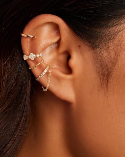 14K Gold Plated Ear Cuff Earrings for Women, Dainty Ear Cuffs Non Piercing Clip on Earrings Trendy Non pierced Cubic Zirconia Fake Hoop Earring Jewelry Sets for Women - color: Gold-5