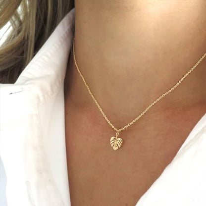 HANLI 14K Gold Plated Necklaces for Women - Dainty Butterfly, Star of David, Moon and Star, Sun, Lotus, Infinity, Hummingbird, Bee,Boots,Chill,Sunflower Pendant Designs - Elegant Jewelry for Women - color: Monstera Leaf