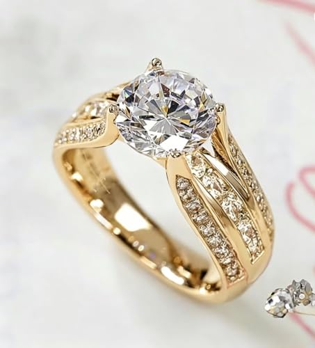 Trendy Women's Eternity Proposal Ring | Shiny Cubic Zirconia Inlaid Fashion Finger Jewelry - color: Gold