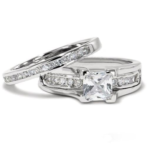 Marimor Jewelry His and Hers Stainless Steel Princess Wedding Ring Set and Eternity Wedding Band - color: White, size: Women's 10 & Men's 08mm 08
