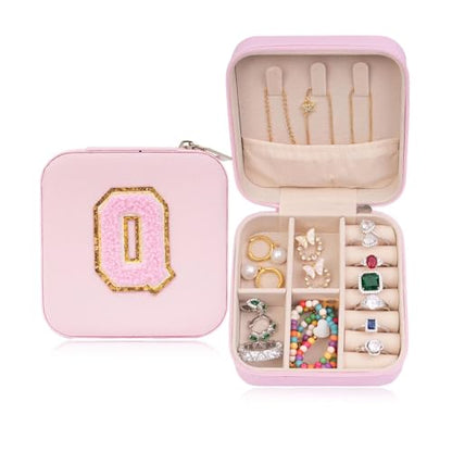 ETHOON Jewelry Travel Case Small Organizer Stocking Box Personalized Gifts Teenage Jewelry Accessories Holiday Wedding Christmas Gift for Women Pink, Letter Q - color: Pink Q